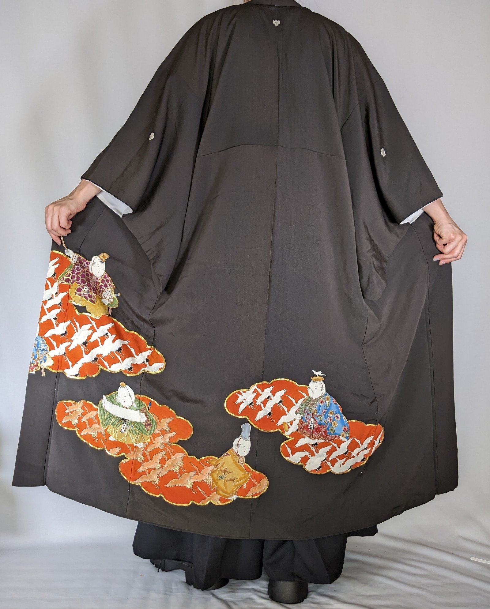 13921】 着物リメイク 黒留袖 ロングコート 鶴 kimono tomesode remake