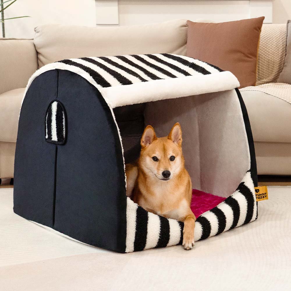 Trendy Striped House Orthopedic Dog Bed - Cozy Hideaway - FUNNYFUZZY