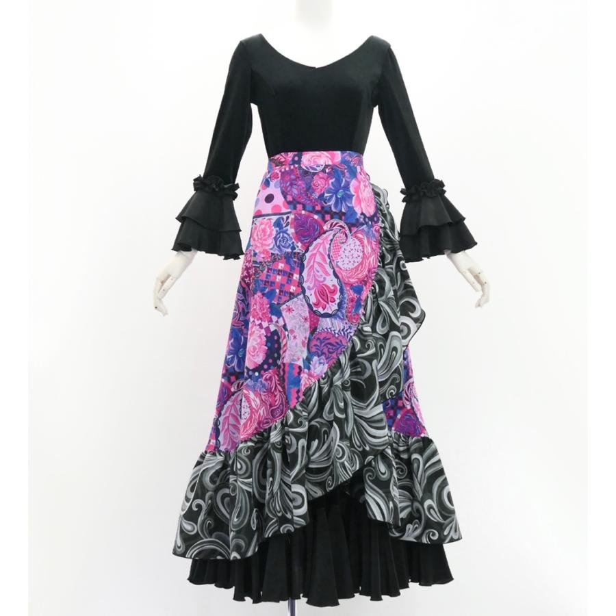 フラメンコ 巻きスカート パッチワーク柄×ペイズリー ネイビー×ピンク