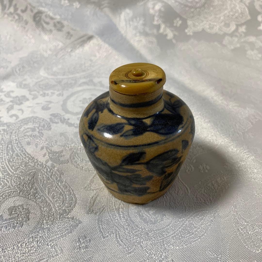 茶道具アンティーク安南染付　茶入　明骨董品 ⭐染付 中国古陶磁 明時代 安南 染付 瓶 小壺 骨董品 美術品 古美術品